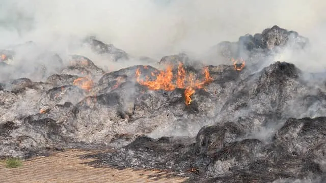 Flinke rookwolken in Drenthe door brand in grote hoop groenafval